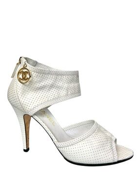 CHANEL Vintage Perforated Polka Dot Peep Toe Heels Sandals CC Charm Logo \\ 38